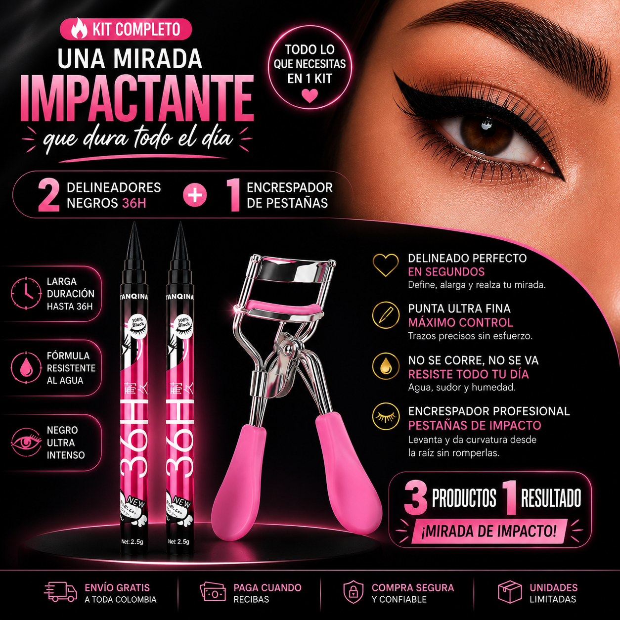 💄✨ MIRADA DE IMPACTO 36H — DEFINE, INTENSIFICA Y CONQUISTA 🖤✨ - 2 Delineadores 36H + 1 Encrespador🖤👁️
