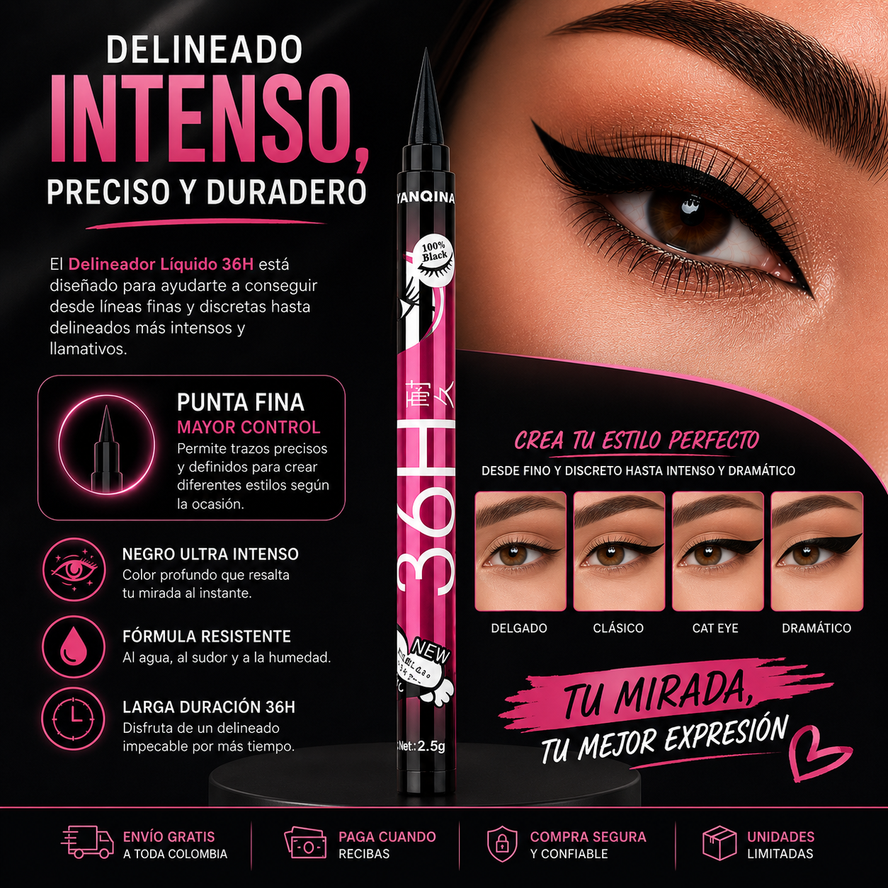 💄✨ MIRADA DE IMPACTO 36H — DEFINE, INTENSIFICA Y CONQUISTA 🖤✨ - 2 Delineadores 36H + 1 Encrespador🖤👁️