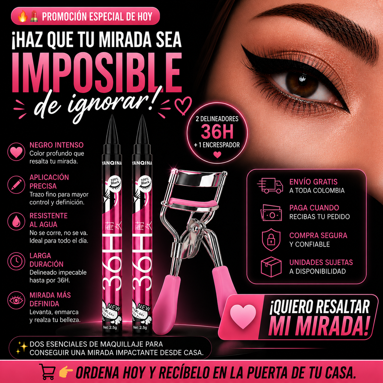 💄✨ MIRADA DE IMPACTO 36H — DEFINE, INTENSIFICA Y CONQUISTA 🖤✨ - 2 Delineadores 36H + 1 Encrespador🖤👁️