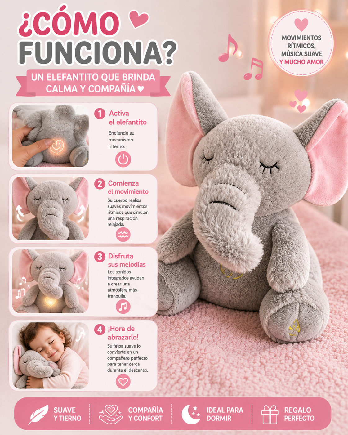 🌙🧸 Un Amiguito que Respira, Canta y Acompaña - Peluche Elefante Con Movimiento De Respiracion 🐘💤