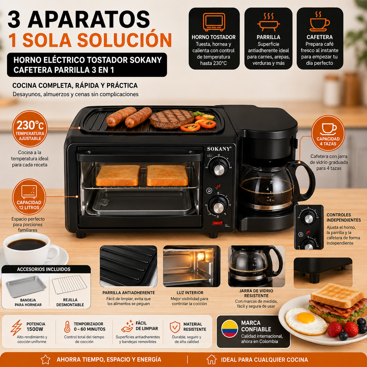☕🥐 Horno Eléctrico + Cafetera + Parrilla 3 en 1