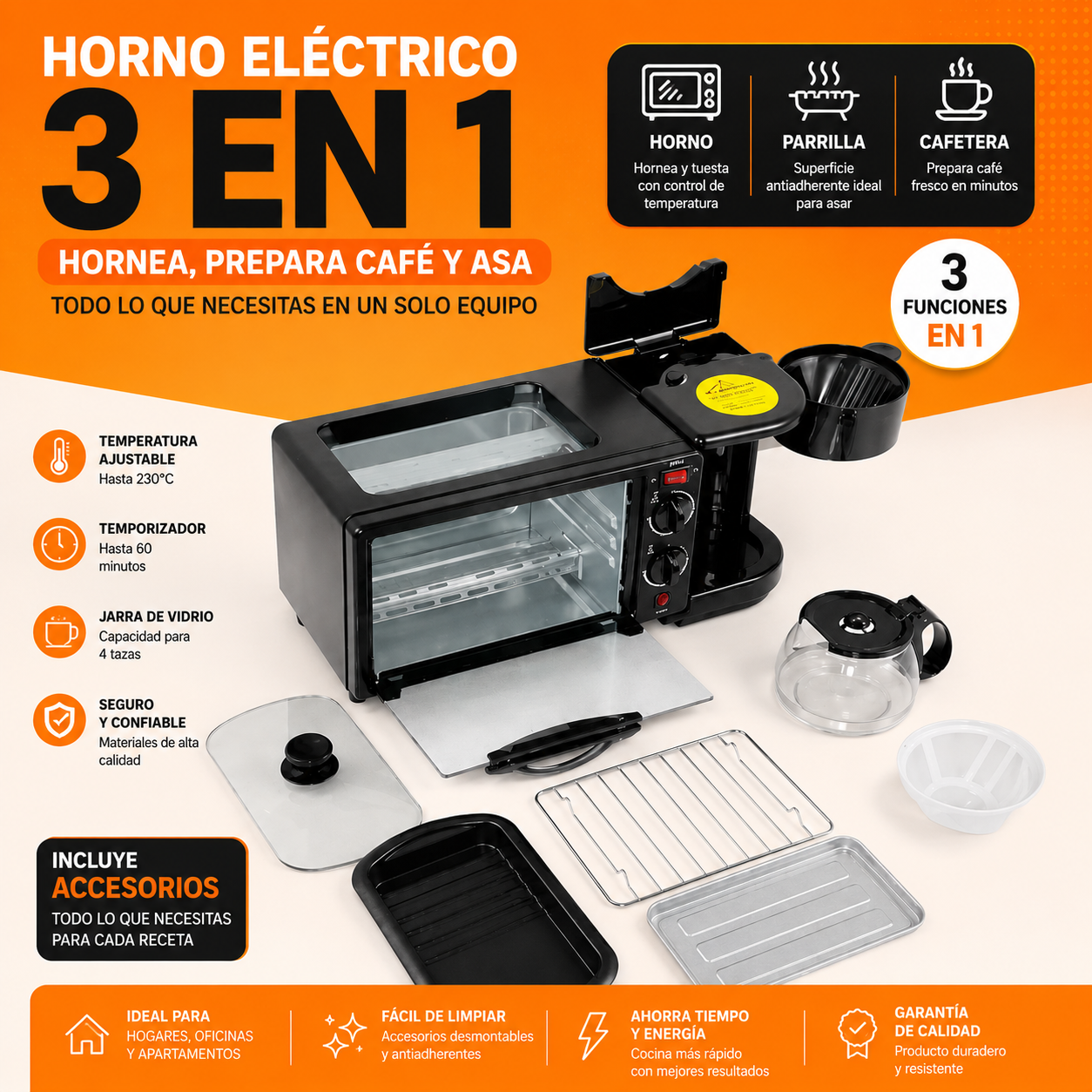 ☕🥐 Horno Eléctrico + Cafetera + Parrilla 3 en 1