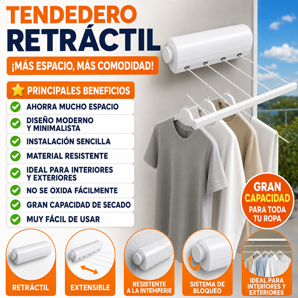 Tendedero extensible retractil 4 cuerdas 👕✨