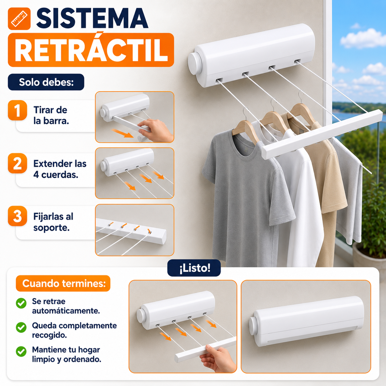 Tendedero extensible retractil 4 cuerdas 👕✨