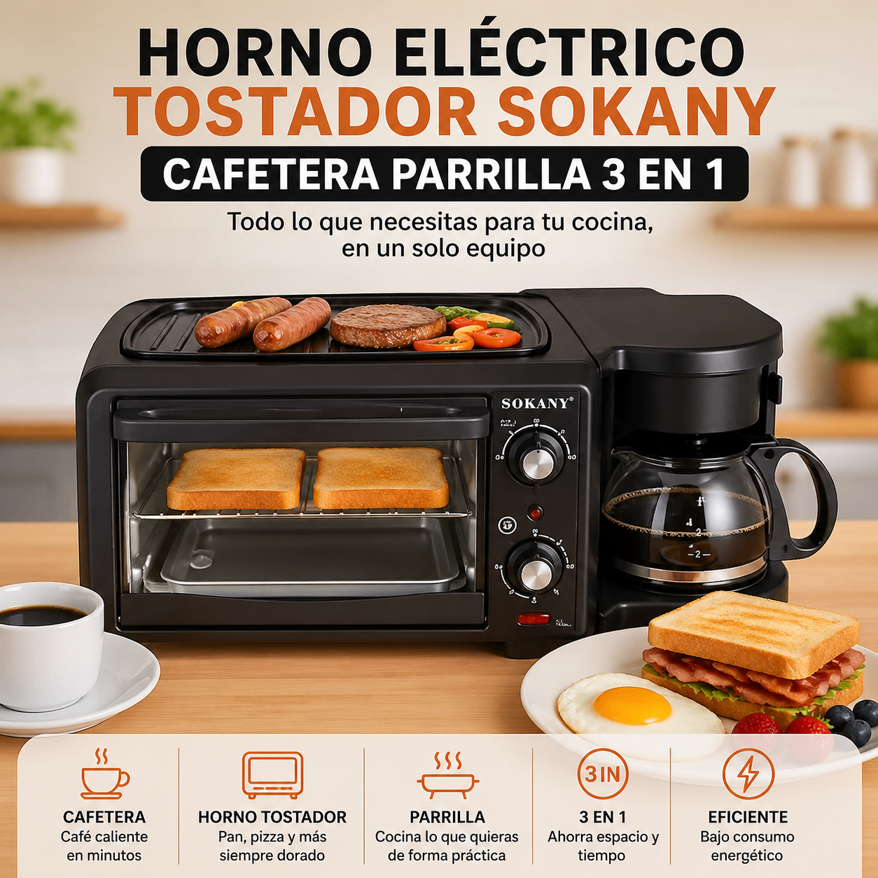 ☕🥐 Horno Eléctrico + Cafetera + Parrilla 3 en 1