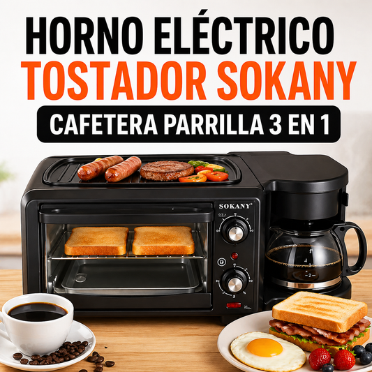 ☕🥐 Horno Eléctrico + Cafetera + Parrilla 3 en 1