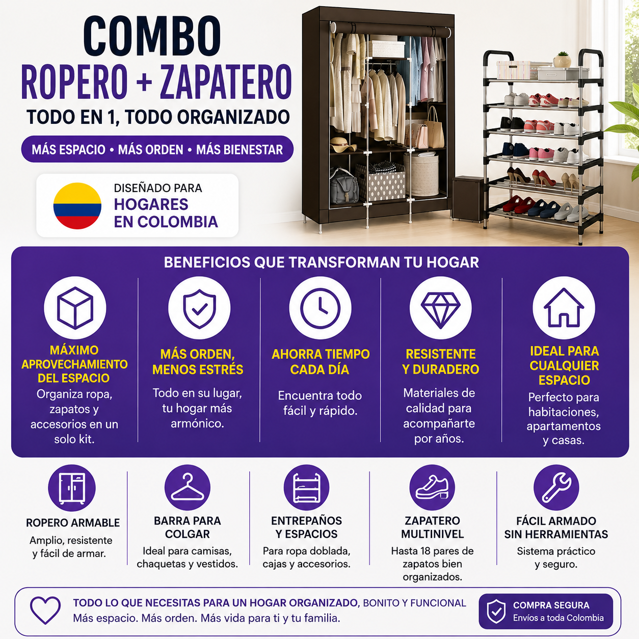💎 Closet Organizador + Zapatero 6 Niveles | Todo en Su Lugar 🏠